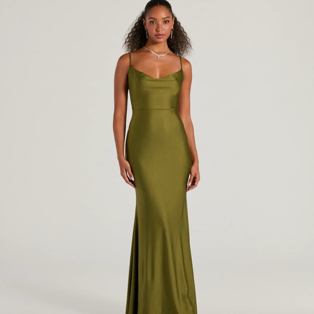 Elegant Olive Green Satin Dress